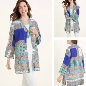 Chicos Open Front Linen Duster Jacket Patchwork - Size 2/L (12-14)